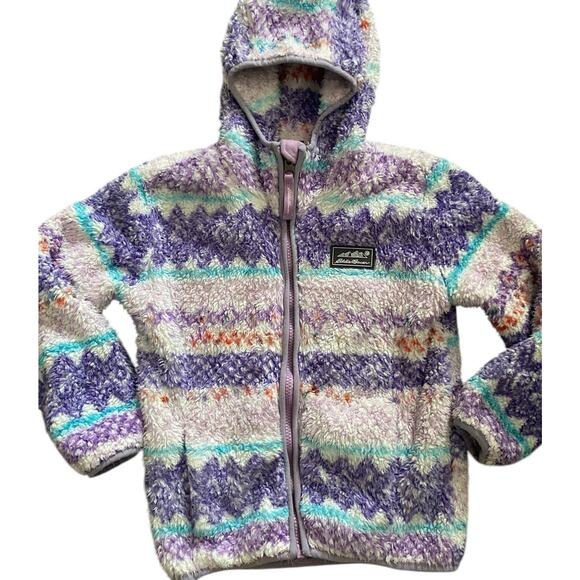 Eddie Bauer Quest Fleece Plush Hooded Jacket Girls XS 5 6 Purple White Fair Isle - Picture 3 of 12